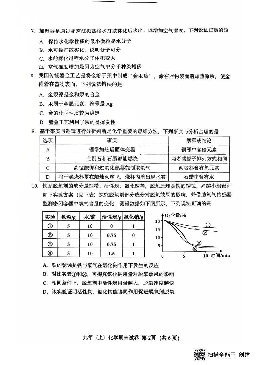 福建省泉州实验中学2025-2026学年九年级上学期1月期末考试化学试题第2页