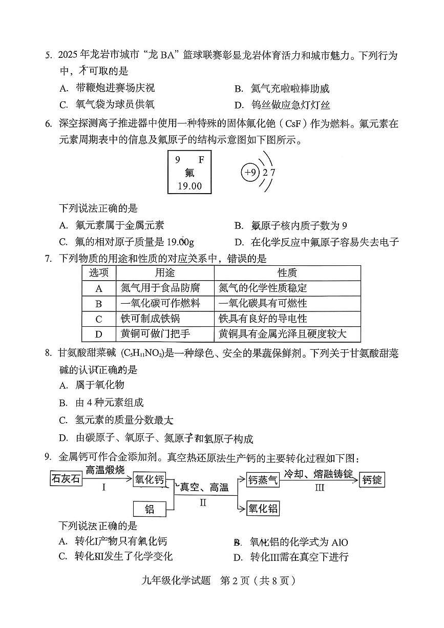 福建龙岩市新罗区2025-2026学年九年级上学期2月期末考试化学试题第2页