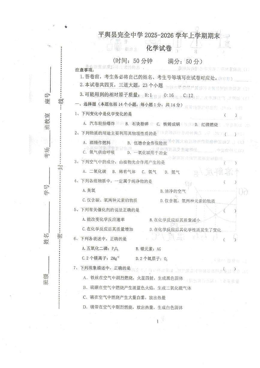 河南省驻马店市平舆县完全中学2025-2026学年九年级上学期期末素质测评化学试卷第1页