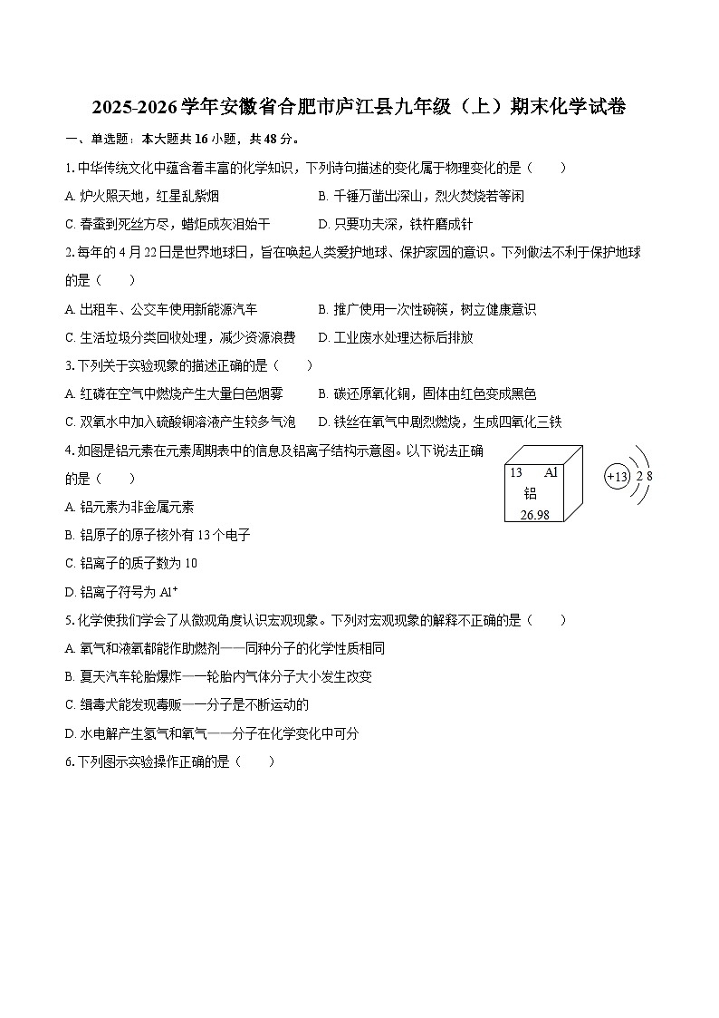 2025-2026学年安徽省合肥市庐江县九年级（上）期末化学试卷-自定义类型第1页