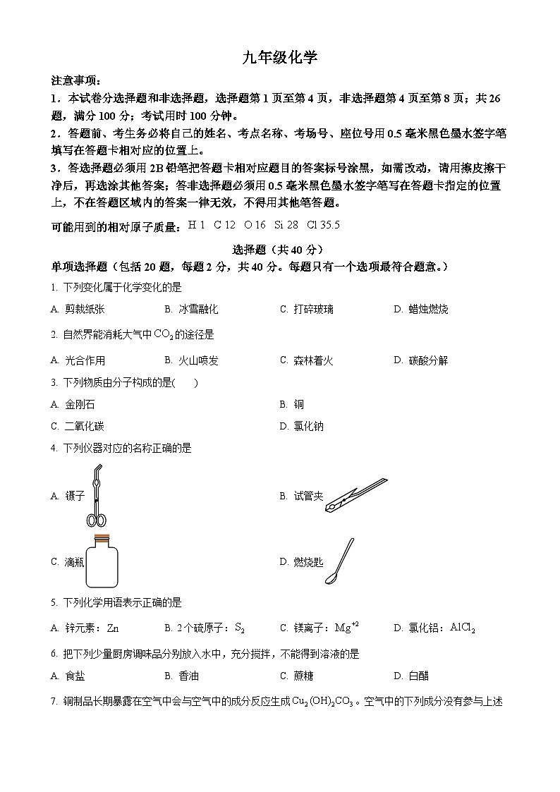 江苏苏州市2025-2026学年九年级上学期2月期末考试化学试题（原卷+解析）第1页