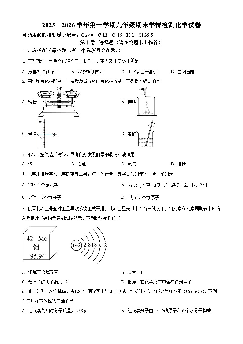 河北省石家庄市新华区2025-2026学年九年级上学期1月期末考试化学试题（试卷+解析）第1页