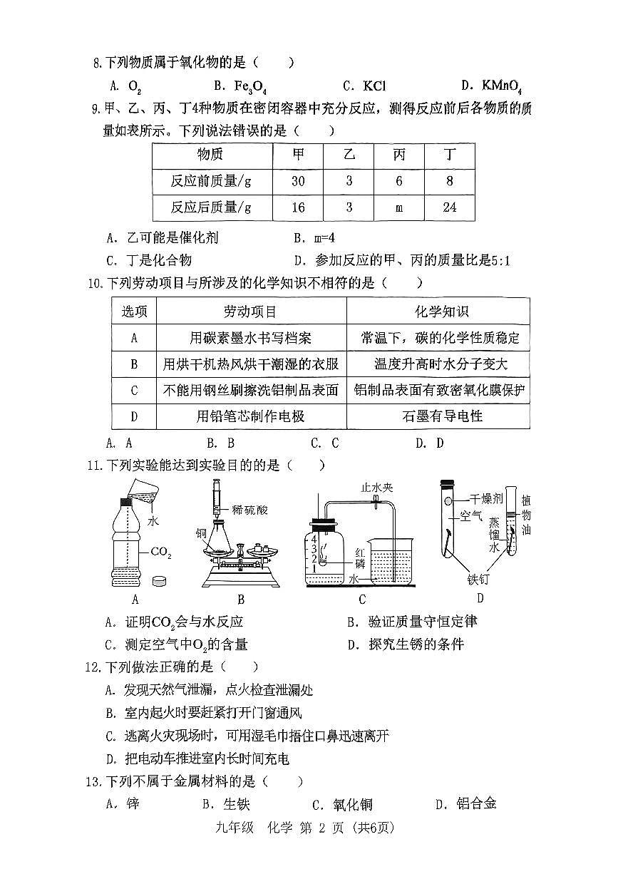 2024-2025学年第一学期期末考试-九年级化学试题第2页