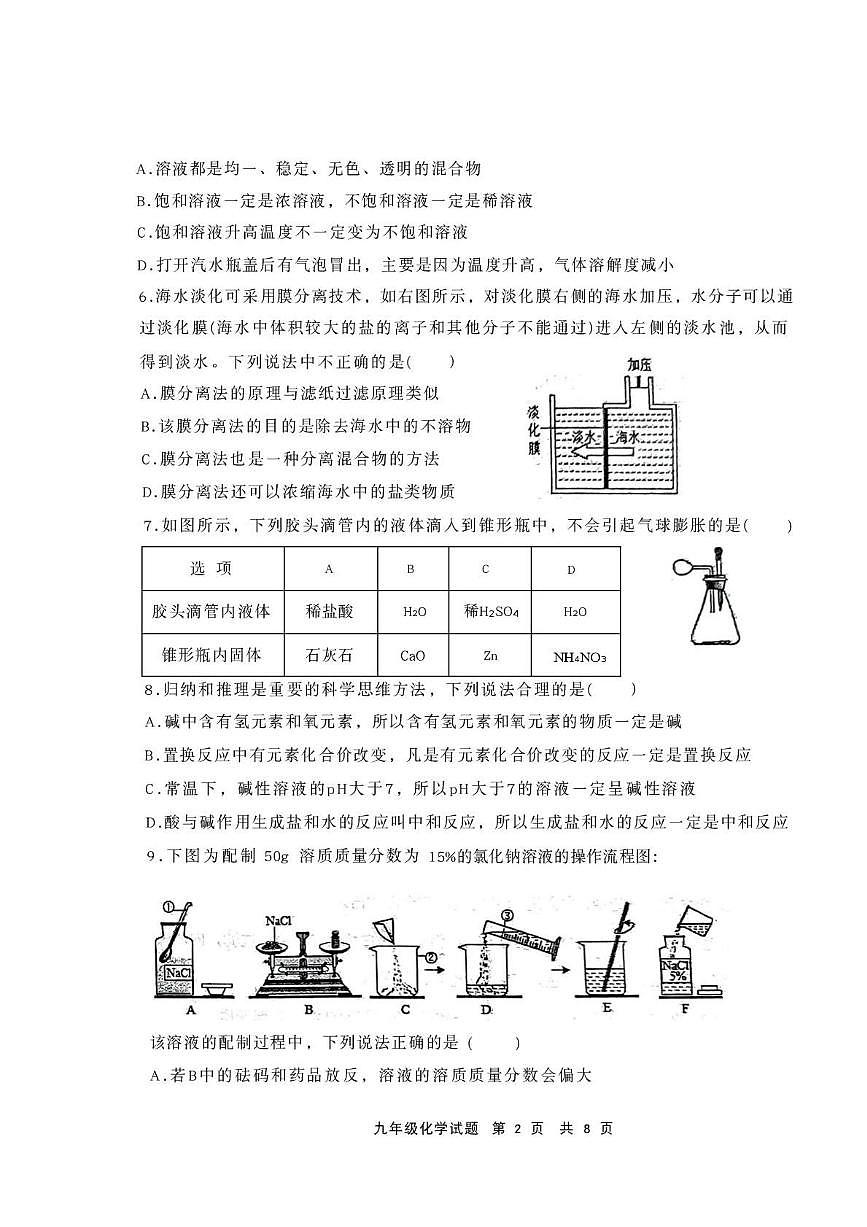 山东省东营市利津县2025-2026学年上学期期末考试九年级化学试题含答案第2页