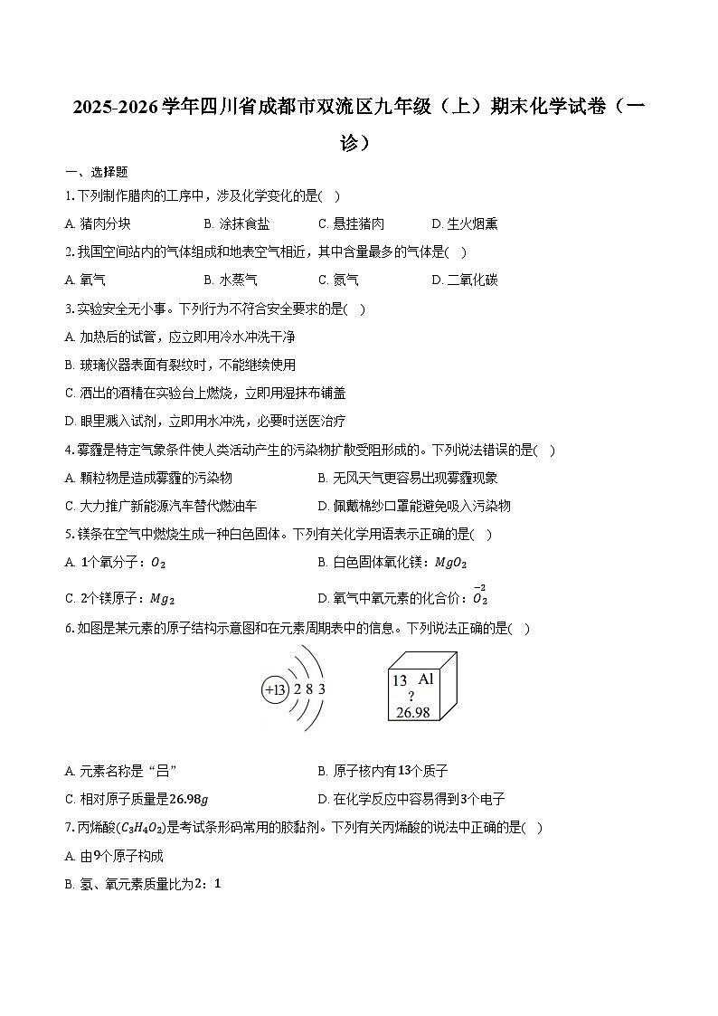 2025-2026学年四川省成都市双流区九年级（上）期末化学试卷（一诊）（含答案）第1页
