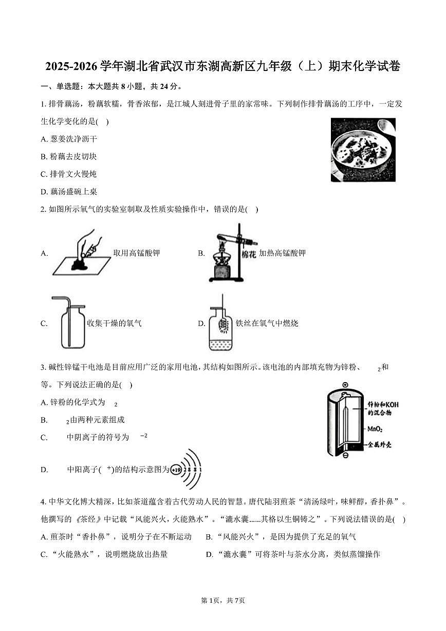 2025-2026学年湖北省武汉市东湖高新区九年级（上）期末化学试卷（含答案）第1页