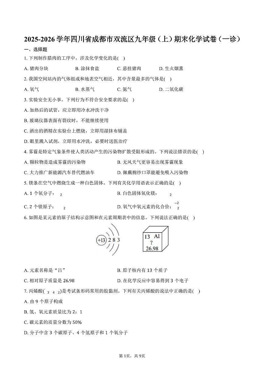 2025-2026学年四川省成都市双流区九年级（上）期末化学试卷（一诊）（含答案）第1页