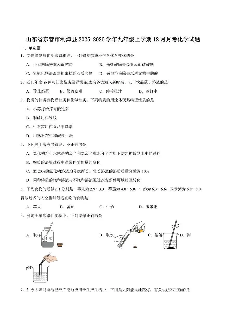 山东省东营市利津县2025-2026学年九年级上学期12月月考化学试卷（含答案）第1页