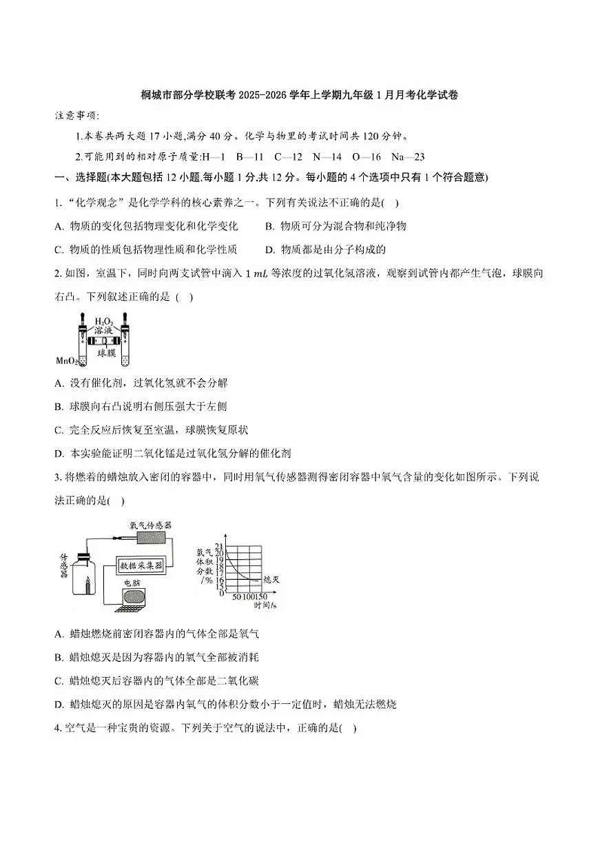 安徽省安庆市桐城市部分校联考2025-2026学年九年级上学期1月月考化学试卷（含答案）第1页
