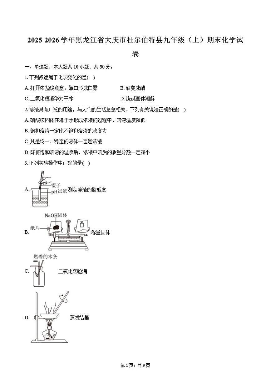 黑龙江省大庆市杜尔伯特县2025-2026学年九年级（上）期末化学试卷（含答案）第1页