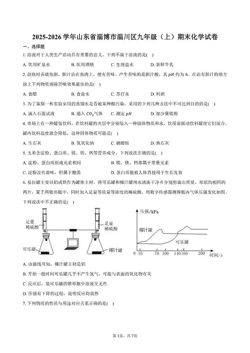 山东省淄博市淄川区2025-2026学年九年级（上）期末化学试卷（含答案）第1页
