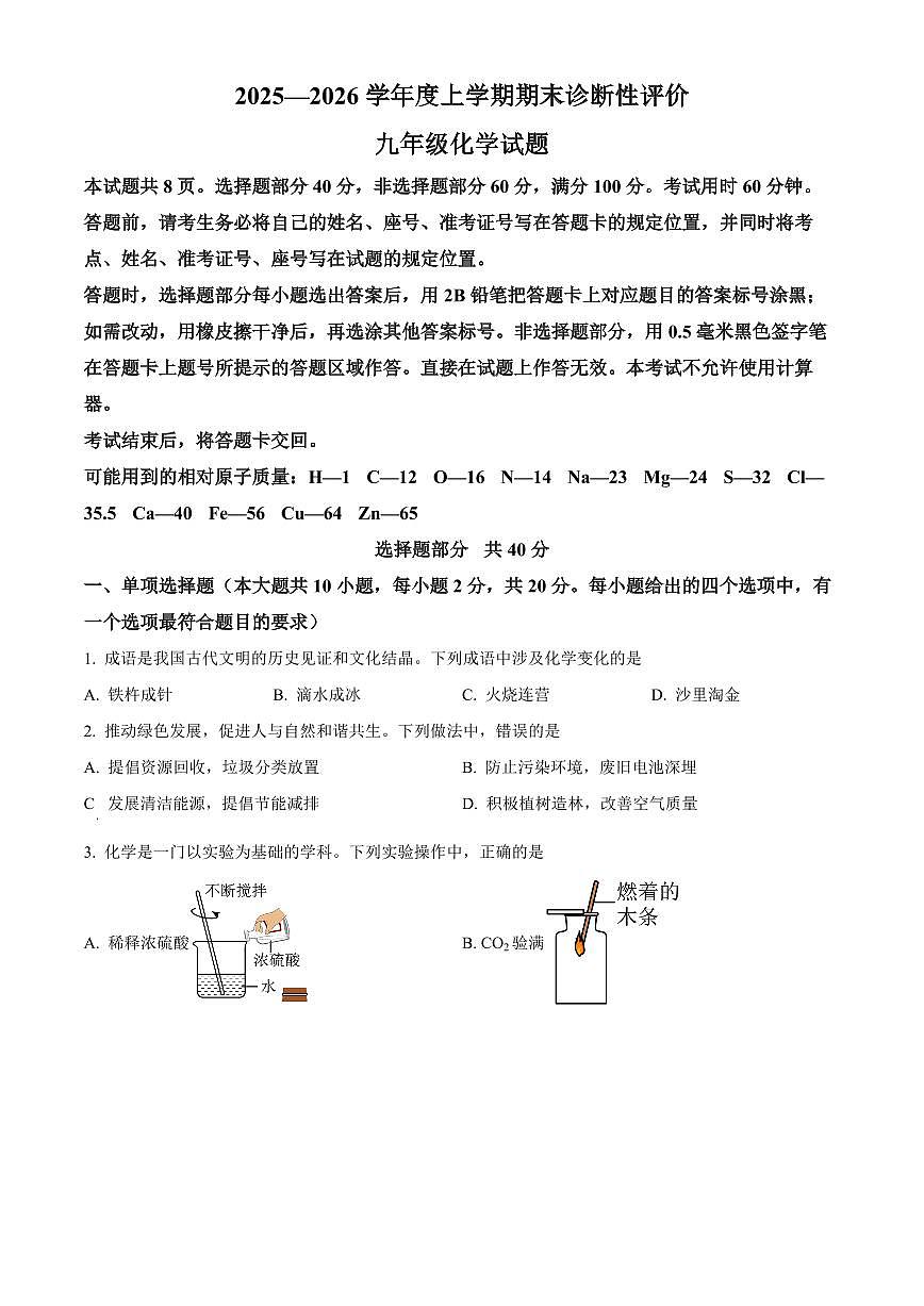 山东省济南市钢城区2025-2026学年九年级上学期1月期末化学试题（试卷+解析）第1页