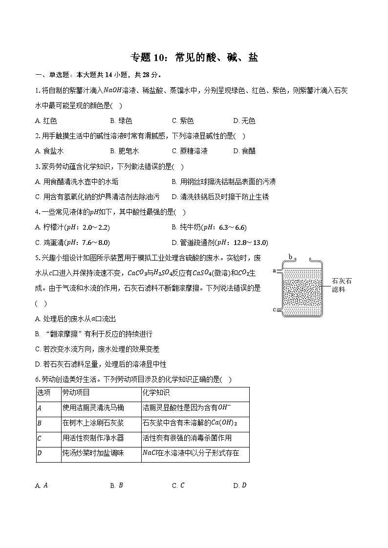 2026年中考化学第一轮复习 专题10：常见的酸、碱、盐 试卷（含答案+解析）第1页