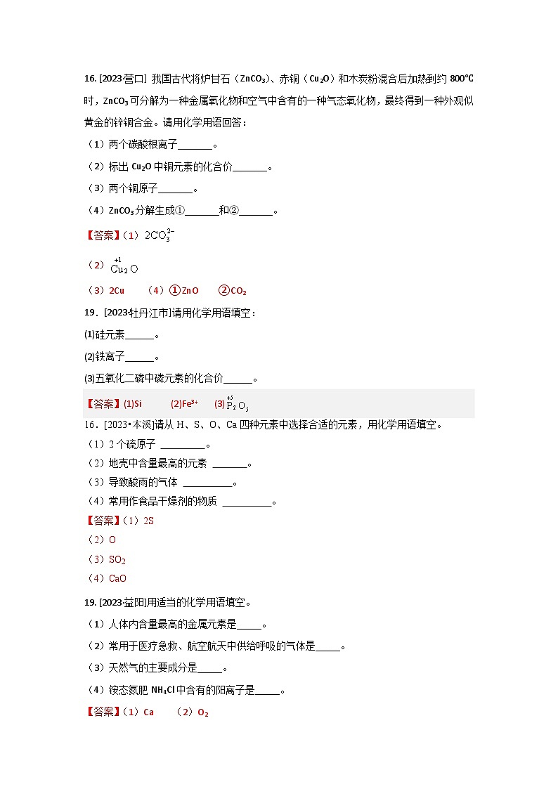 2023年全国各地中考化学真题分类精选14化学用语（解析版）第3页