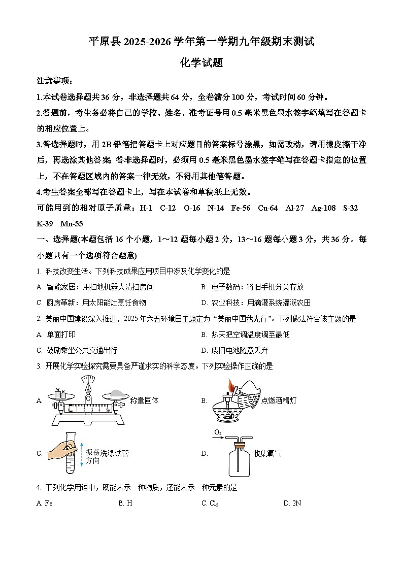 山东省德州市平原县2025-2026学年九年级上学期期末化学试题（试卷+解析）第1页