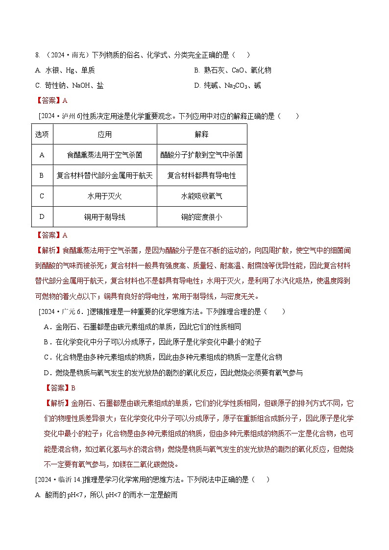 2024年全国各地中考化学真题分类精选专题1  推理题（含归纳）（解析版）第1页