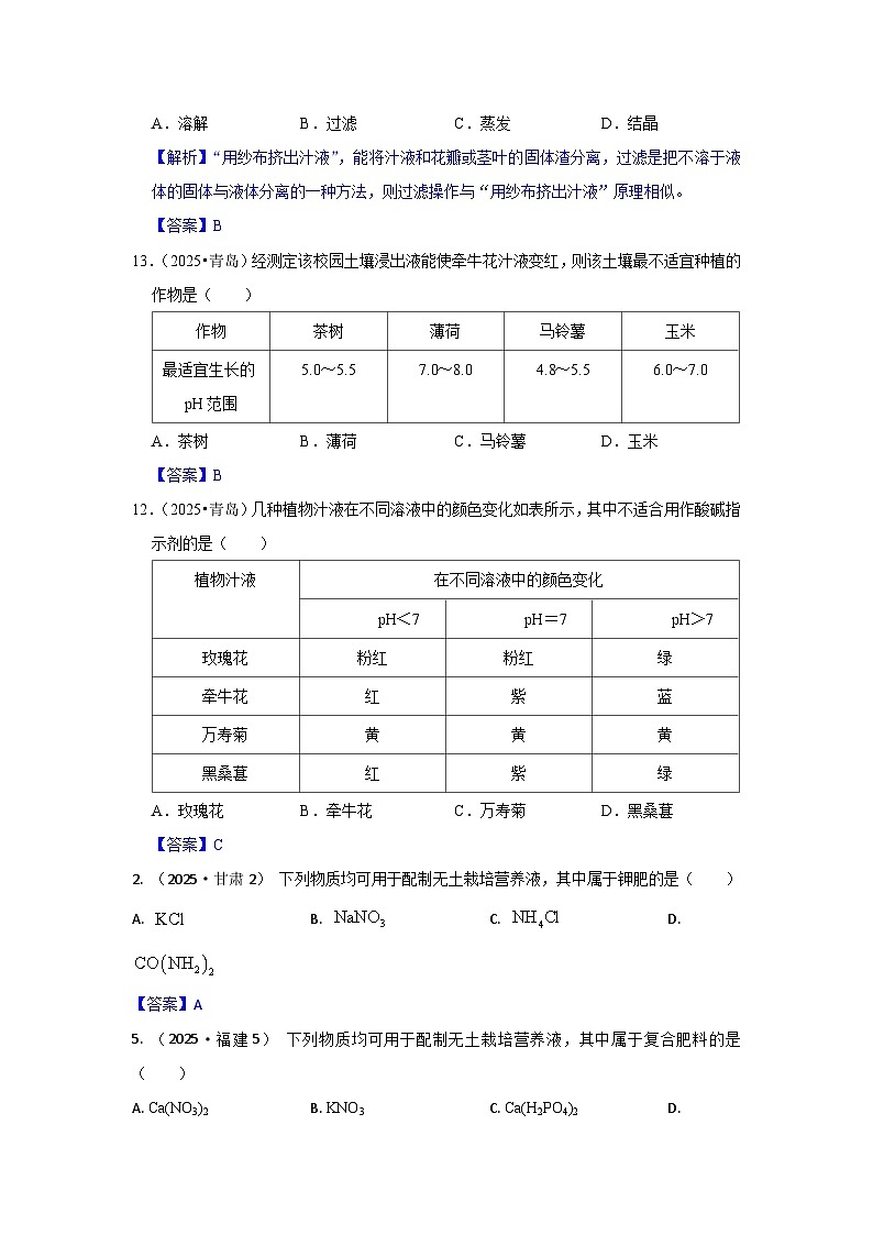 2025年全国各地中考化学真题分类精选考点16  指示剂、溶液的酸碱度、化学肥料（含答案和部分解析）第2页