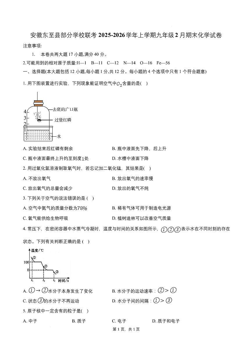 安徽省池州市东至县部分学校2025-2026学年九年级上学期2月期末联考化学试题含答案第1页