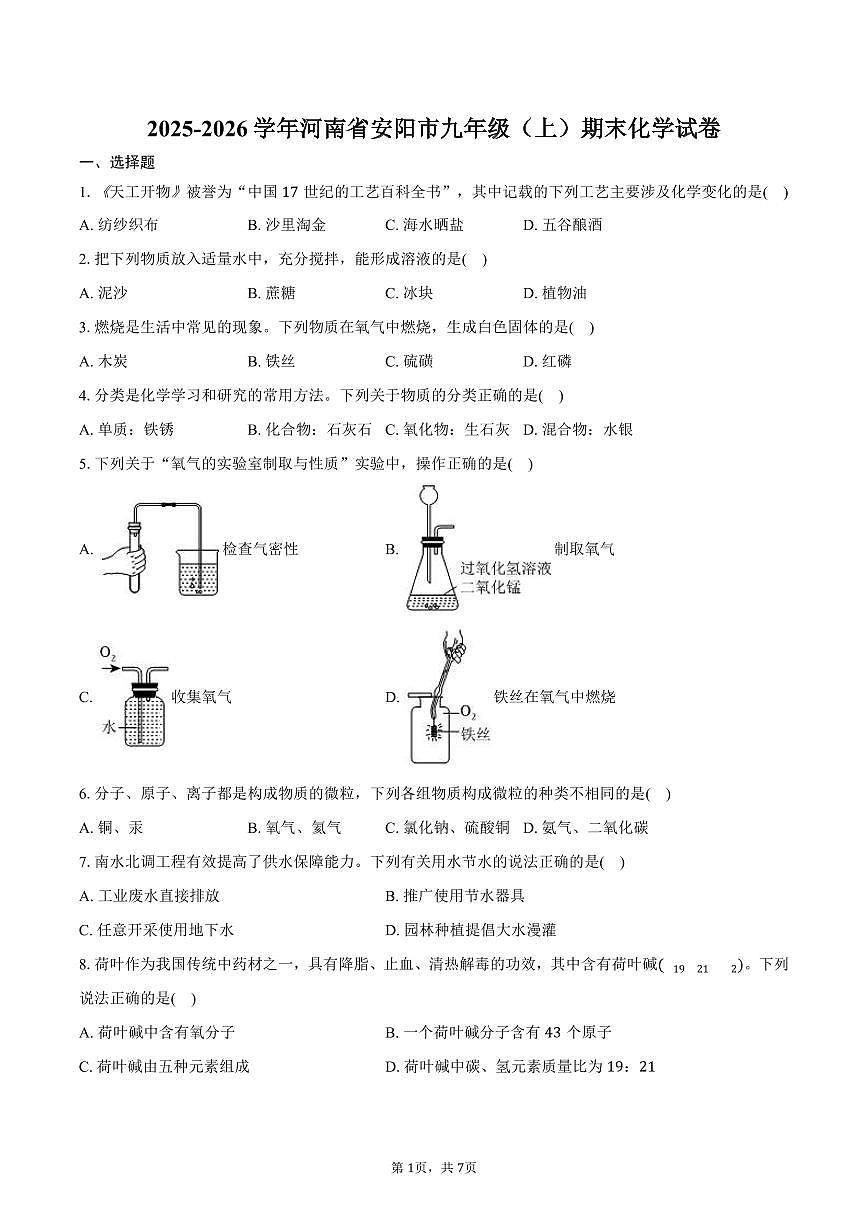 2025-2026学年河南省安阳市九年级（上）期末化学试卷（含答案）第1页