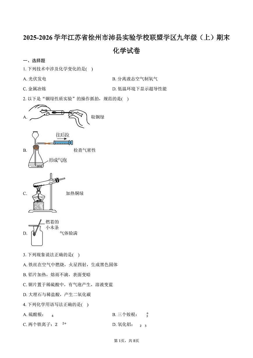 2025-2026学年江苏省徐州市沛县实验学校联盟学区九年级（上）期末化学试卷（含答案）第1页