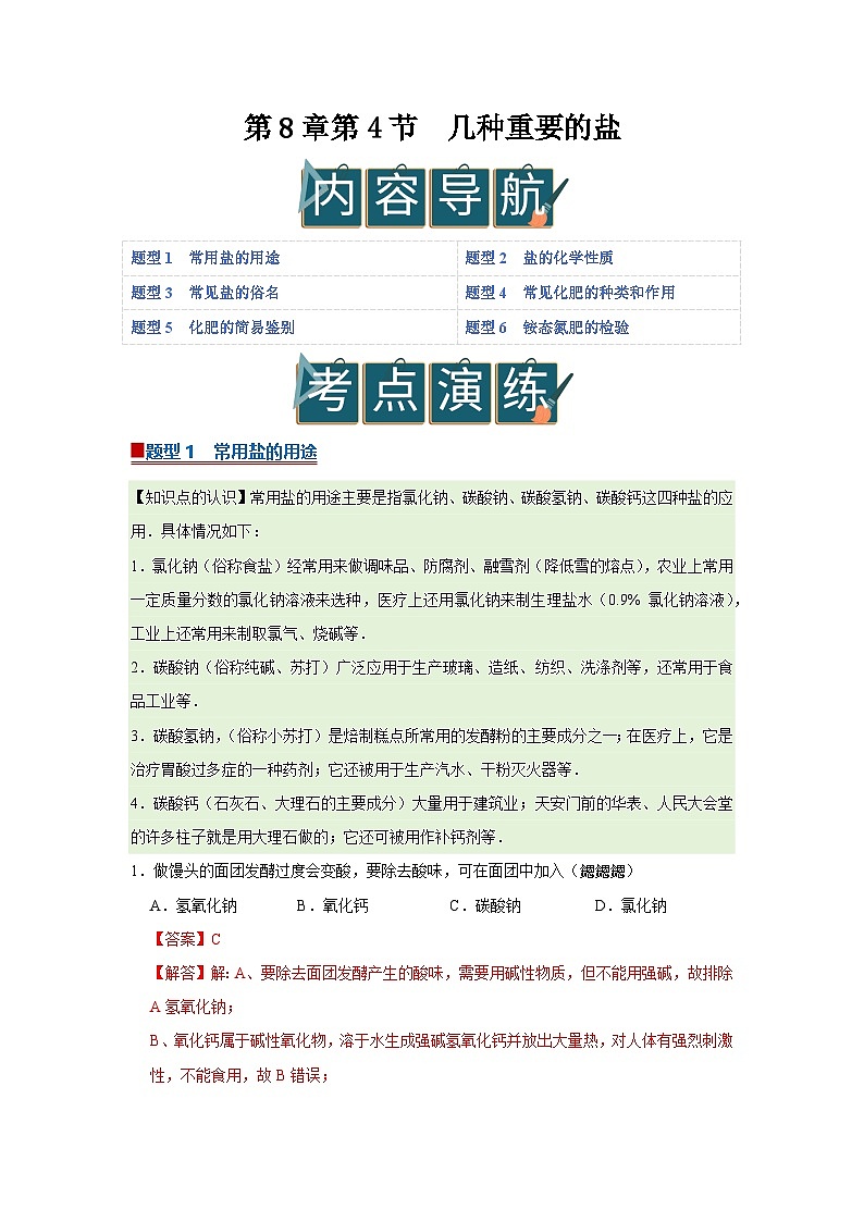 第8章第4节 几种重要的盐 2025-2026学年沪教版2024初中化学九年级下册同步复习讲义（解析版）第1页