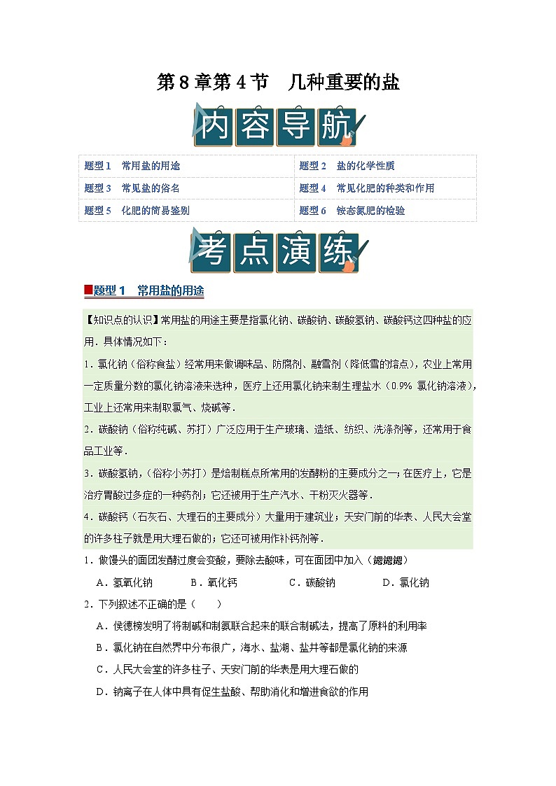 第8章第4节 几种重要的盐 2025-2026学年沪教版2024初中化学九年级下册同步复习讲义（原卷版）第1页