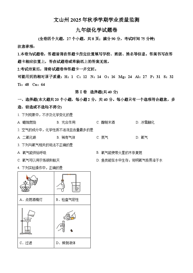 云南省文山州2025-2026学年九年级上学期期末学业质量监测化学试卷（试卷+解析）第1页
