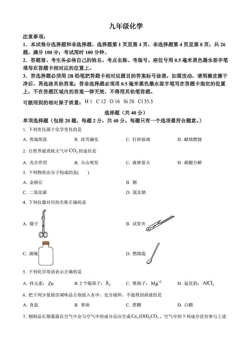 江苏苏州市2025-2026学年九年级上学期2月期末考试化学试题（原卷+解析）第1页