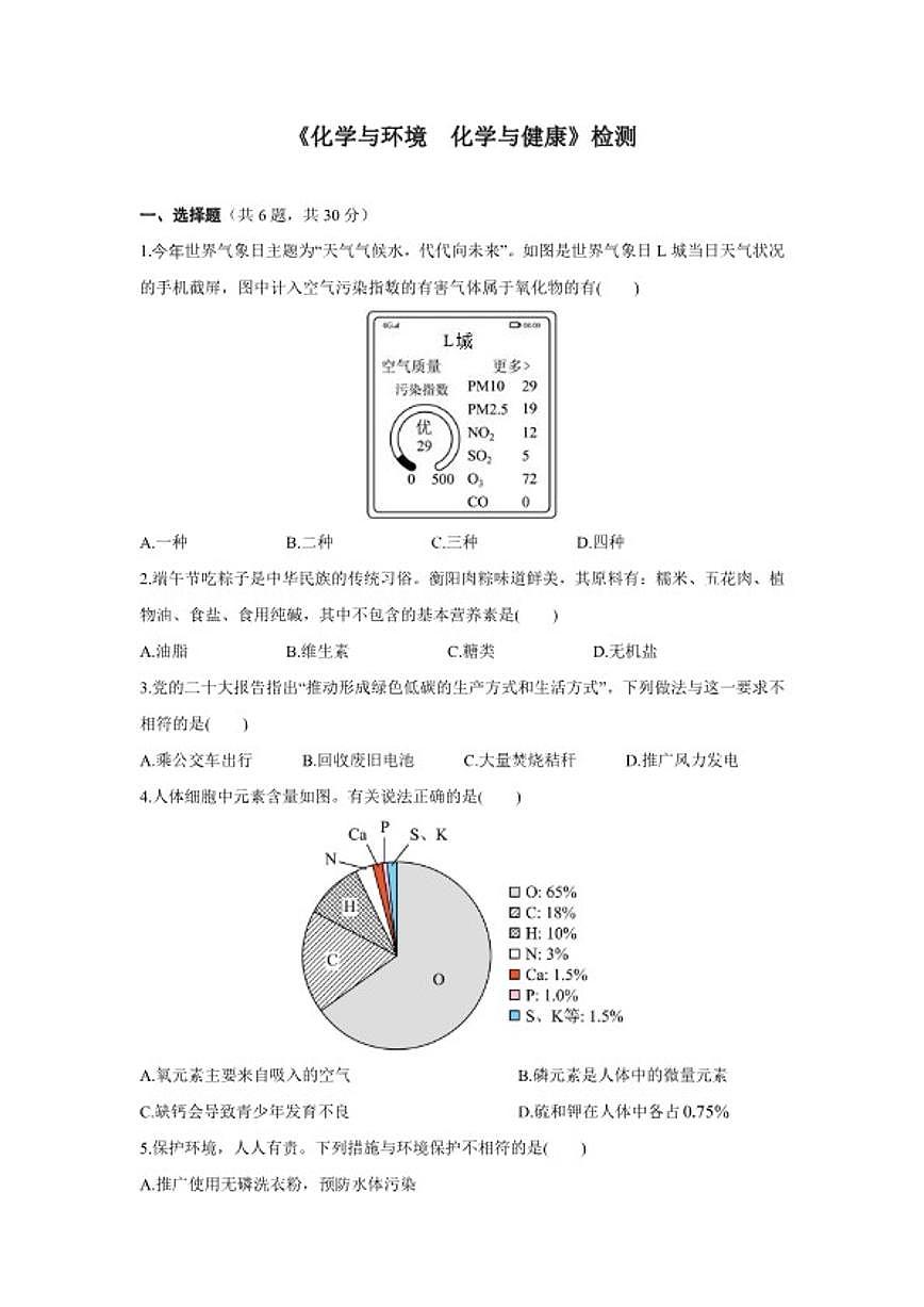 2026年中考化学一轮复习专项检测：化学与环境化学与健康(含答案）第1页