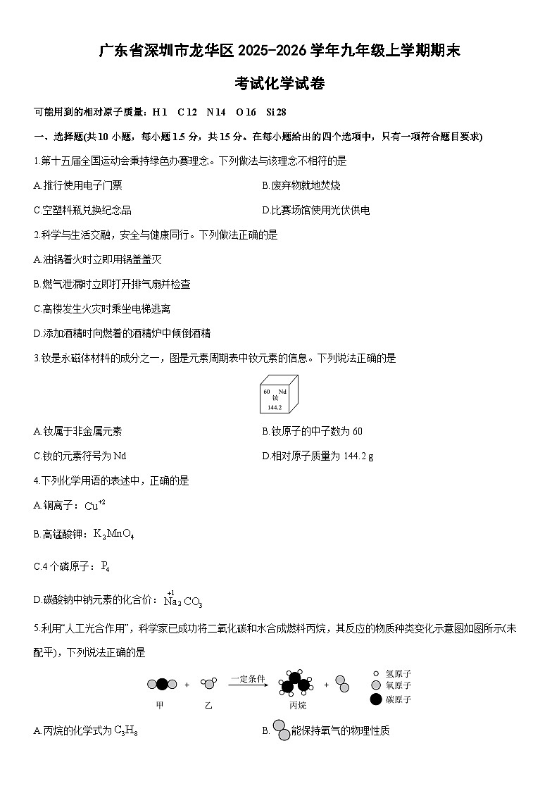 2025-2026学年广东省深圳市龙华区九年级上学期期末考试化学试卷（学生版）第1页