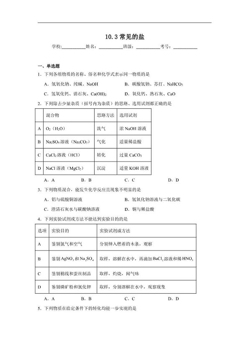 10.3常见的盐随堂练习(含解析)人教版化学九年级下册第1页