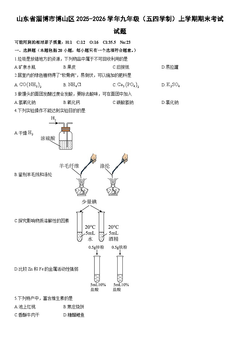 2025-2026学年山东省淄博市博山区九年级（五四学制）上学期期末考试化学试卷（学生版）第1页