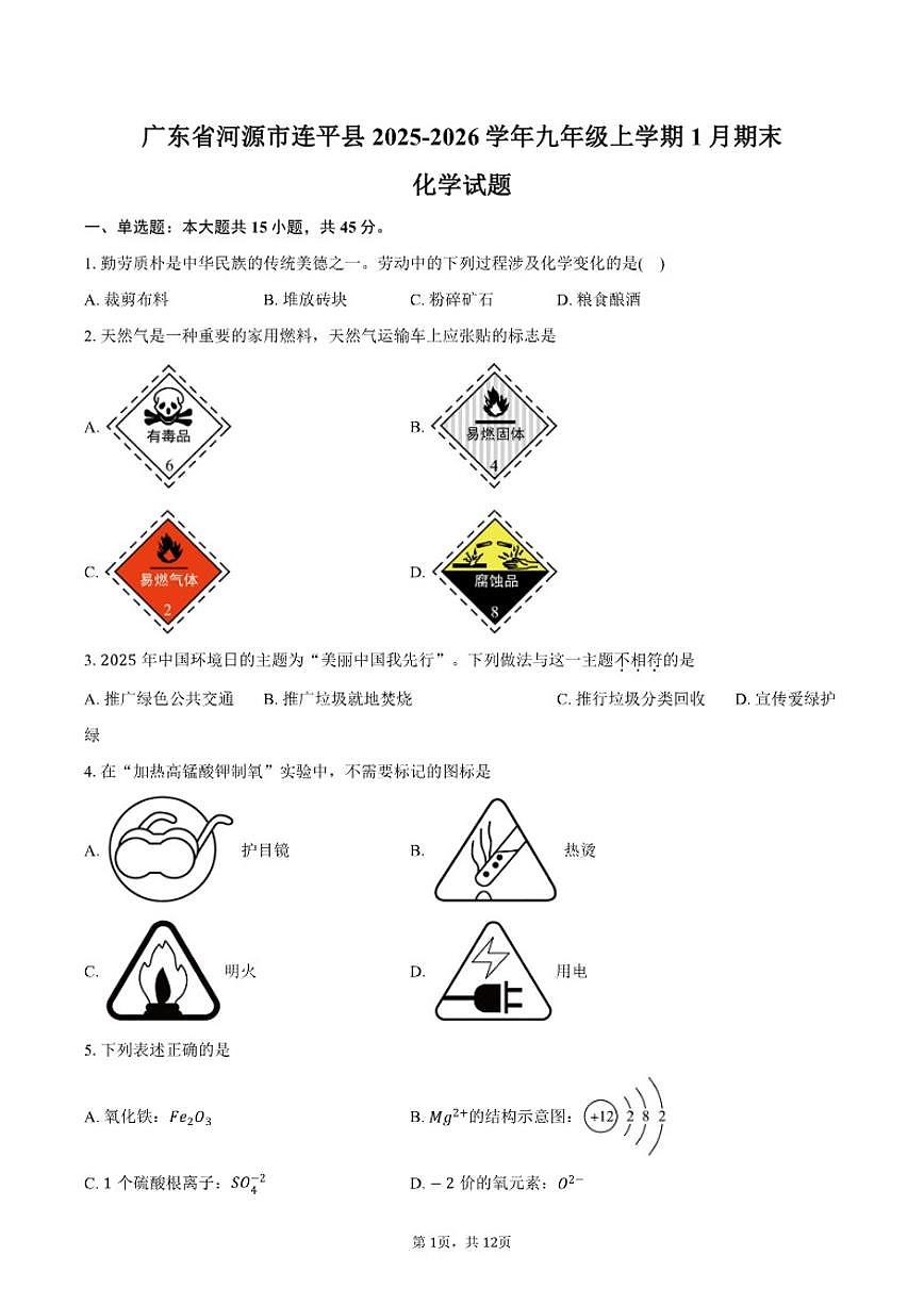 2025-2026学年广东省河源市连平县九年级上学期1月期末化学试卷（含答案）第1页