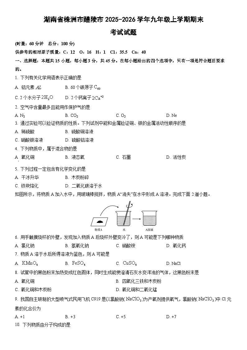 2025-2026学年湖南省株洲市醴陵市九年级上学期期末考试化学试卷（学生版）第1页