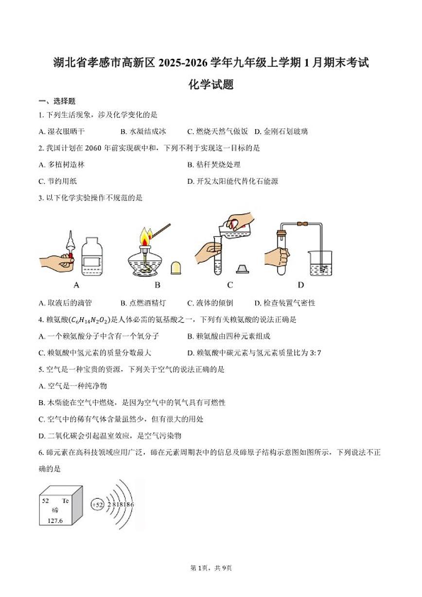 2025-2026学年湖北省孝感市高新区九年级上学期1月期末考试化学试卷（含答案）第1页