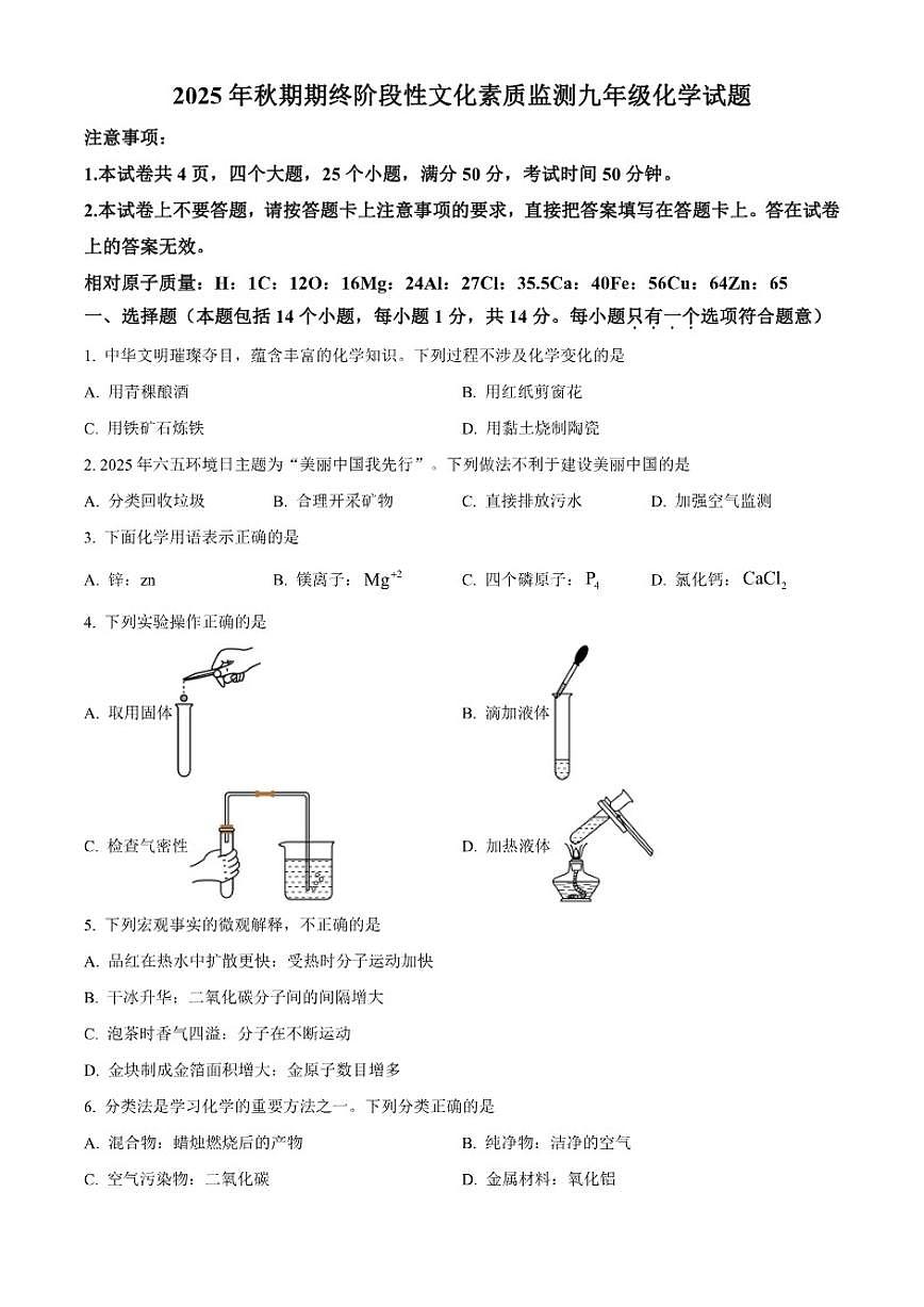 2025-2026学年河南省南阳市唐河县九年级上学期2月期末化学_(含答案_)试题第1页