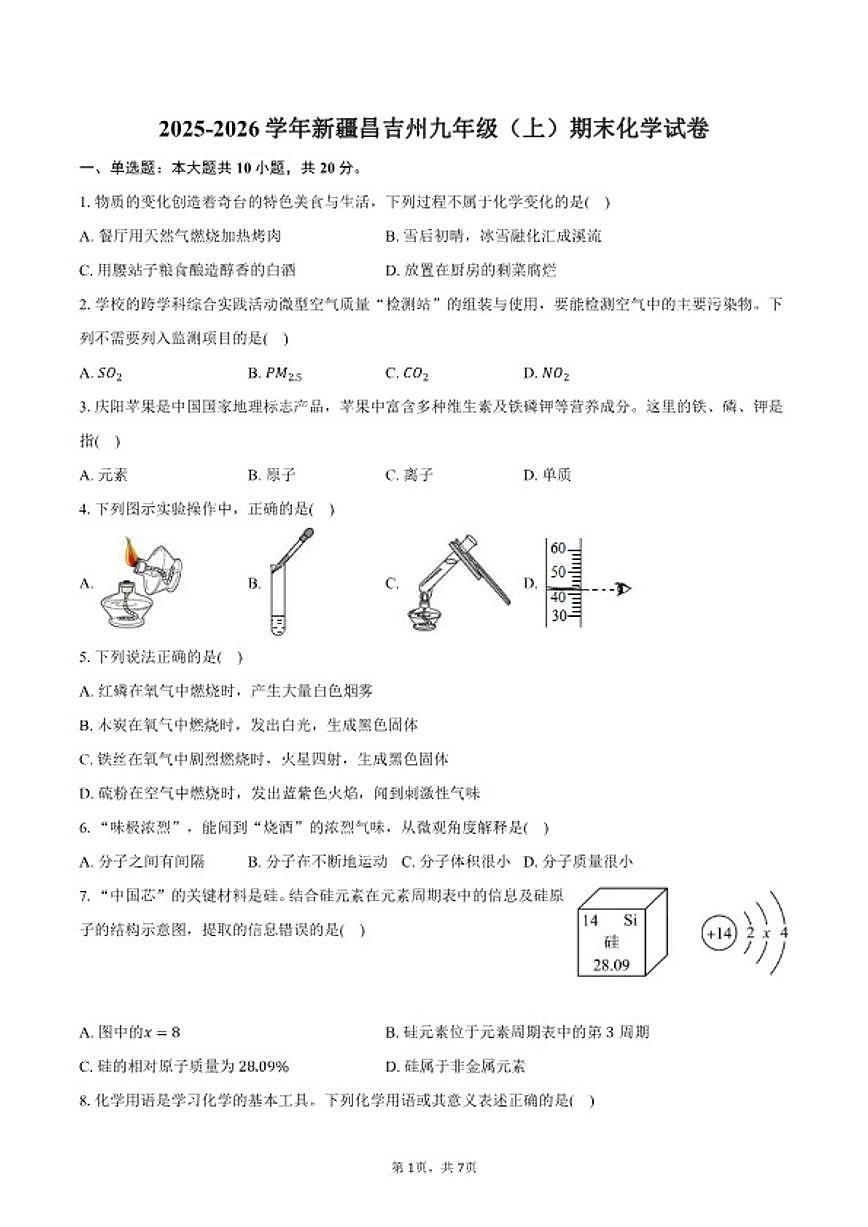 2025-2026学年新疆昌吉州九年级（上）期末化学试卷（含答案）第1页