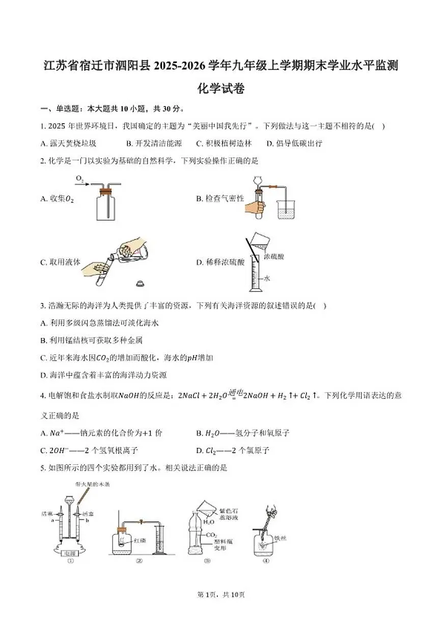 2025-2026学年江苏省宿迁市泗阳县九年级上学期期末学业水平监测化学试卷（含答案）第1页