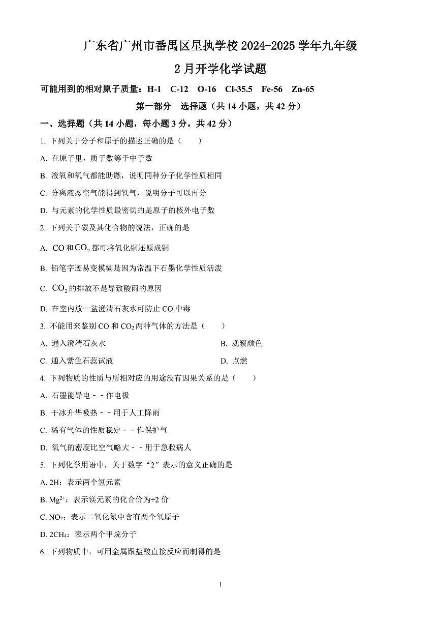 广东省广州市番禺区星执学校2024-2025学年九年级下学期开学化学试题含答案第1页