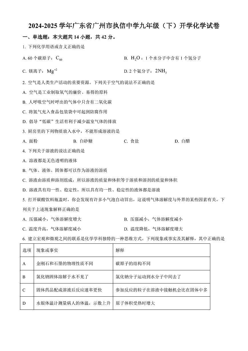 广东省广州市执信中学2024-2025学年九年级下学期开学考试化学试题含答案第1页