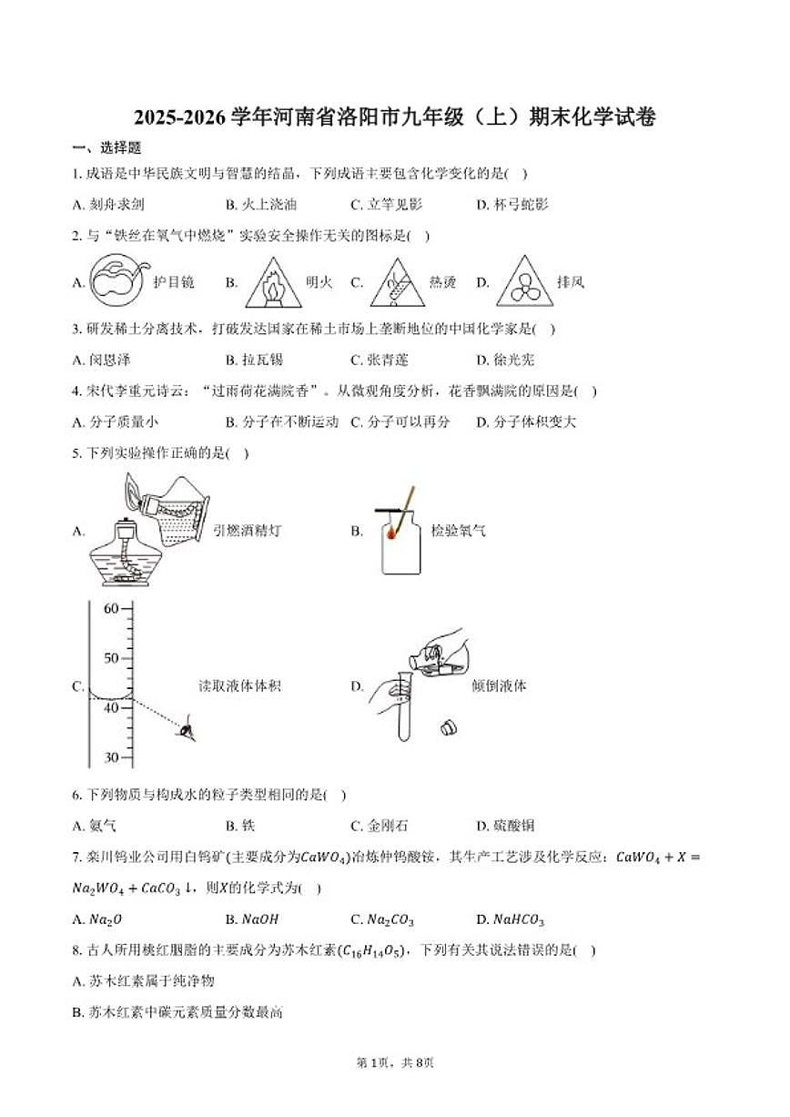 2025-2026学年河南省洛阳市九年级（上）期末化学（含答案）试卷第1页
