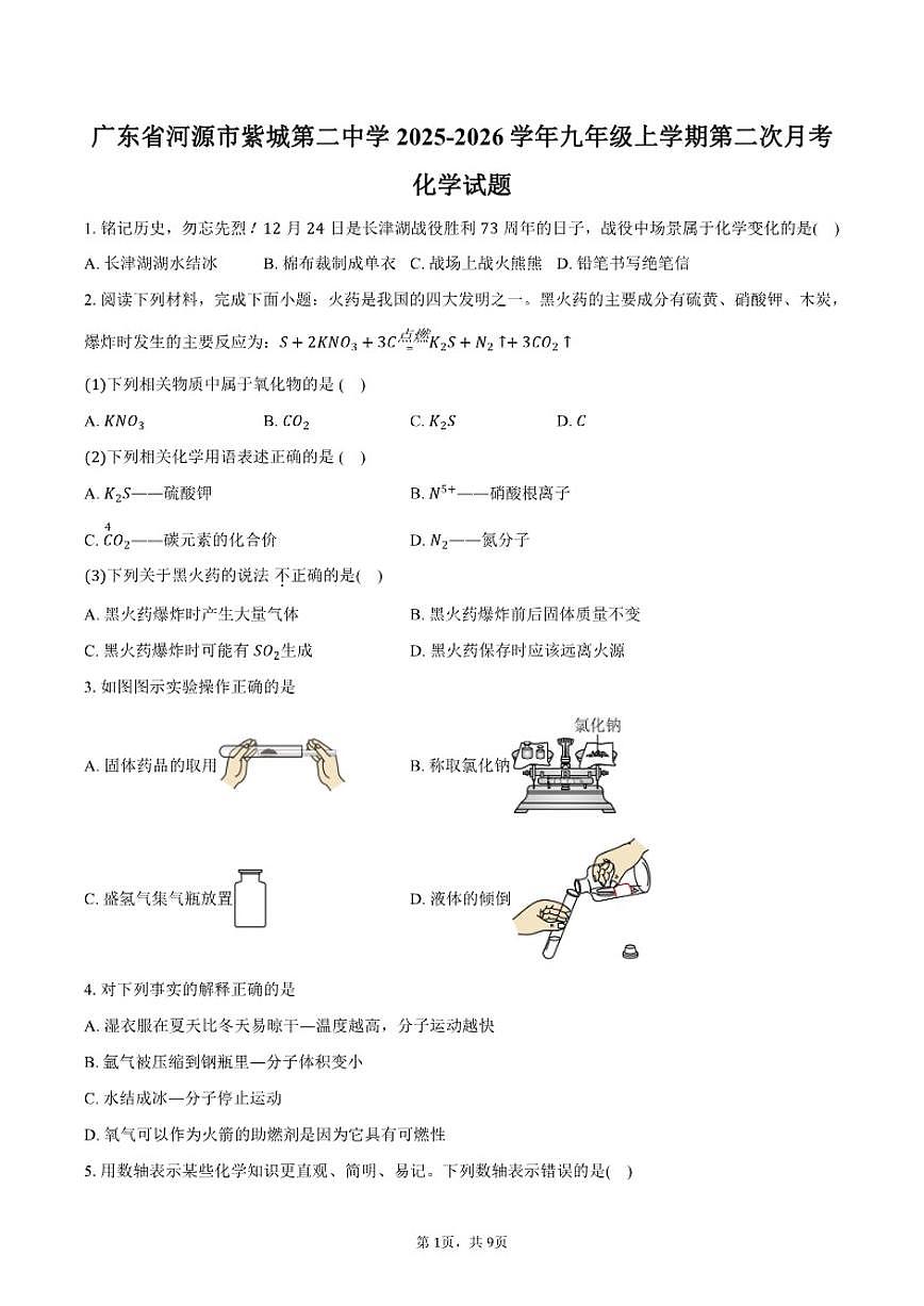 2025-2026学年广东省河源市紫城第二中学九年级上学期第二次月考化学（含答案）试卷第1页