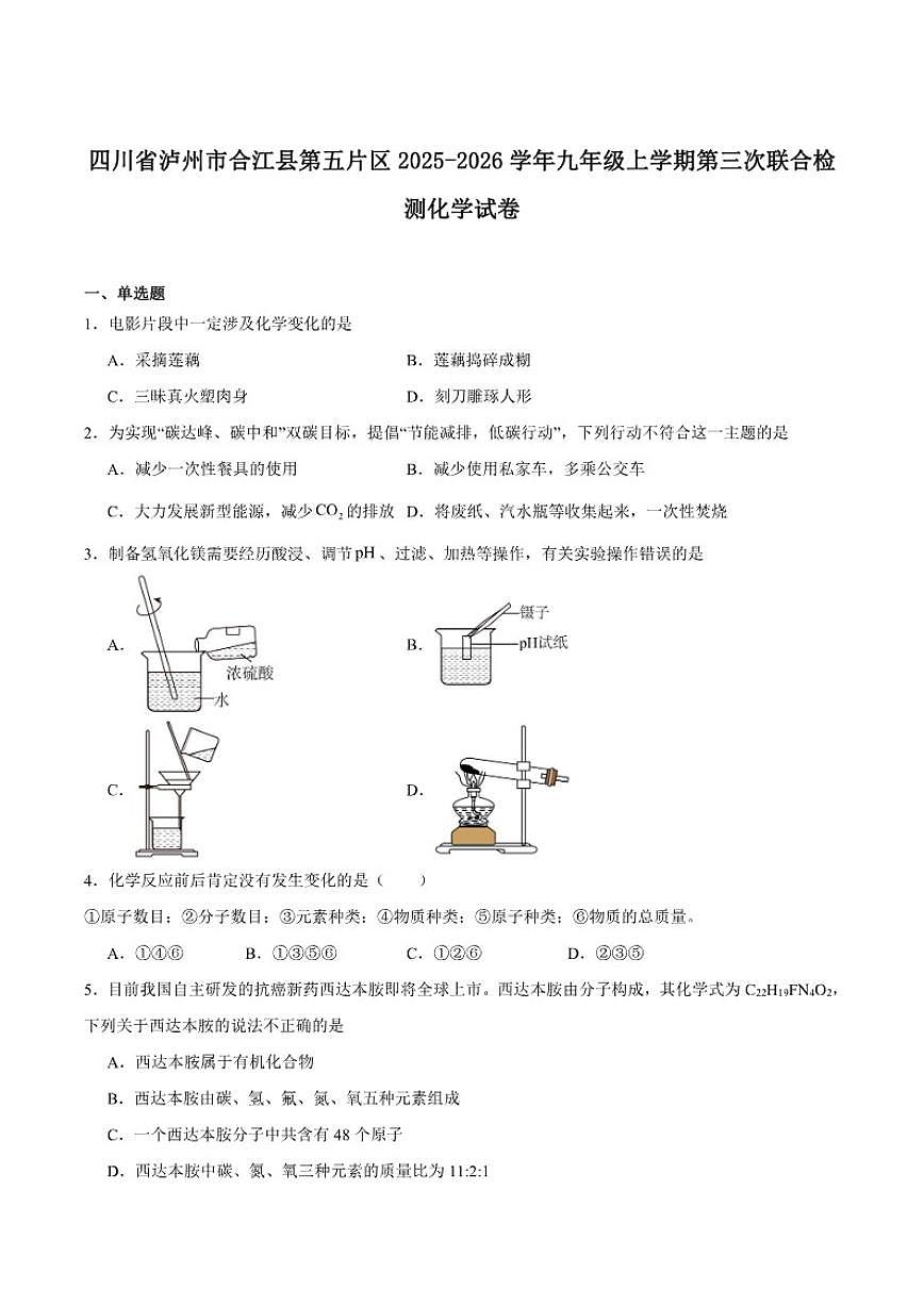 2025-2026学年四川省泸州市合江县第五片区九年级上学期第三次联合检测化学（含答案）试卷第1页