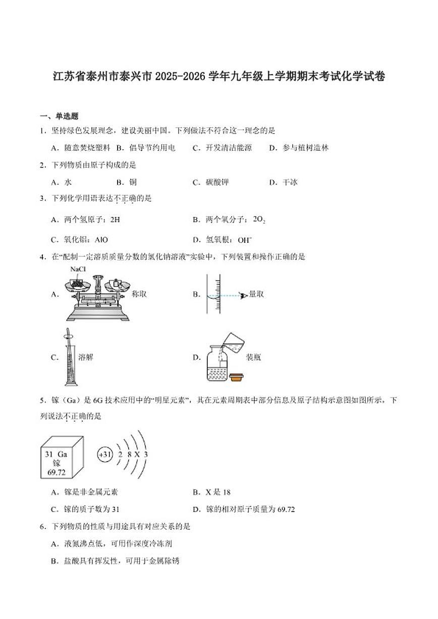 2025-2026学年江苏省泰州市泰兴市九年级上学期期末考试化学_(含答案_)试卷第1页