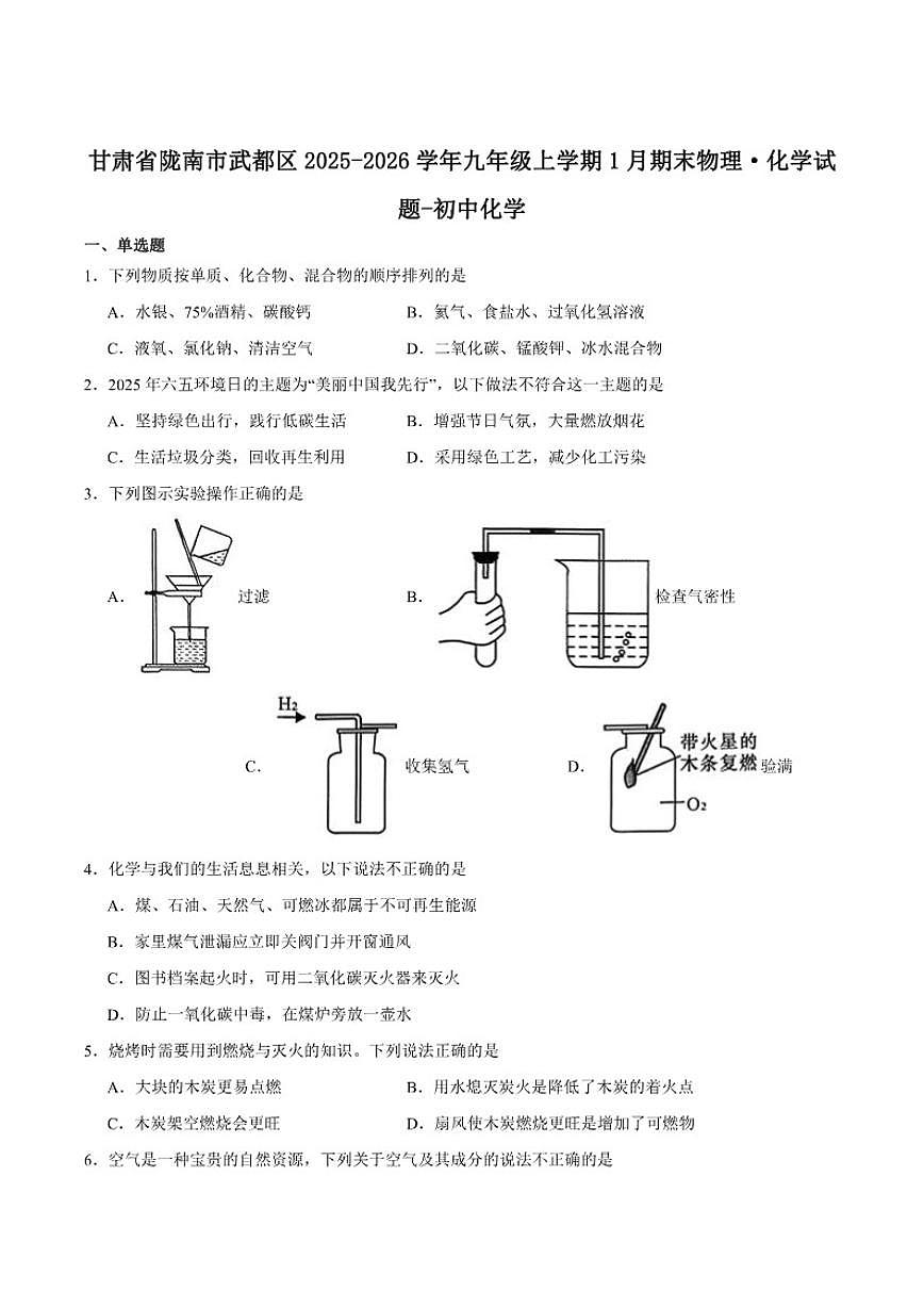 2025-2026学年甘肃省陇南市武都区九年级上学期1月期末考试化学_(含答案_)试卷第1页