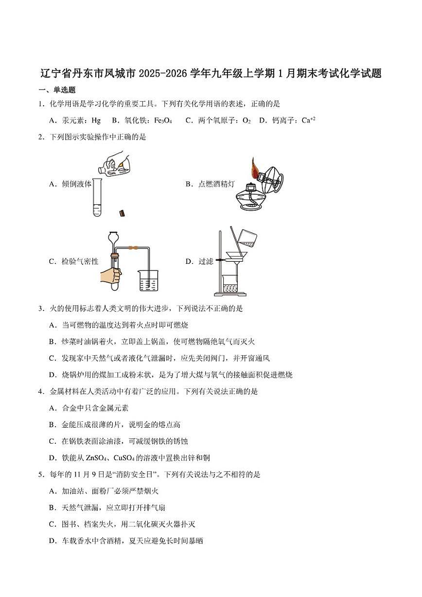 2025-2026学年辽宁省丹东市凤城市九年级上学期1月期末考试化学（含答案）试卷第1页
