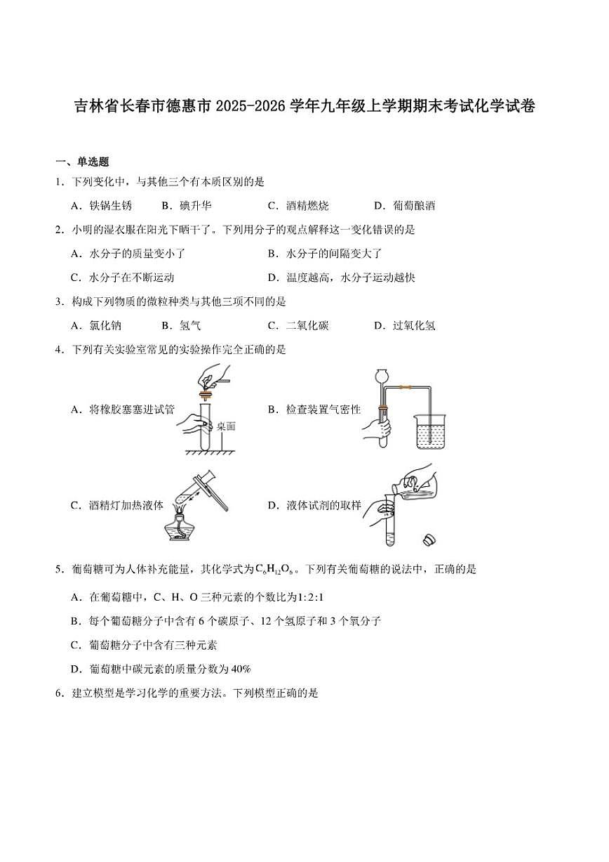 2025-2026学年吉林省长春市德惠市九年级上学期期末测试化学_(含答案_)试卷第1页