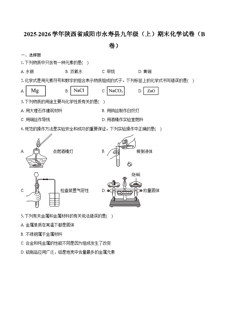 2025-2026学年陕西省咸阳市永寿县九年级（上）期末化学试卷（B卷）（含答案）第1页