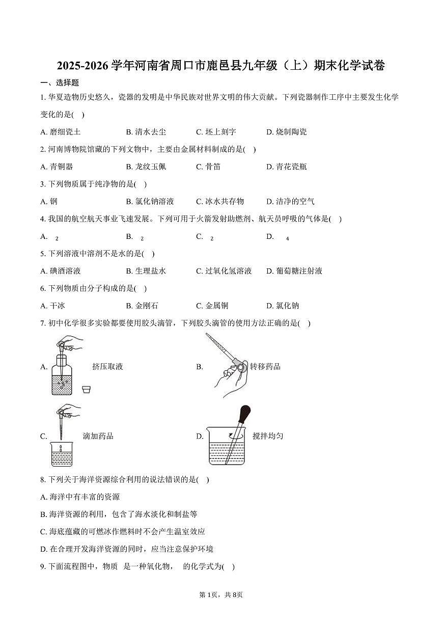2025-2026学年河南省周口市鹿邑县九年级（上）期末化学试卷（含答案）第1页