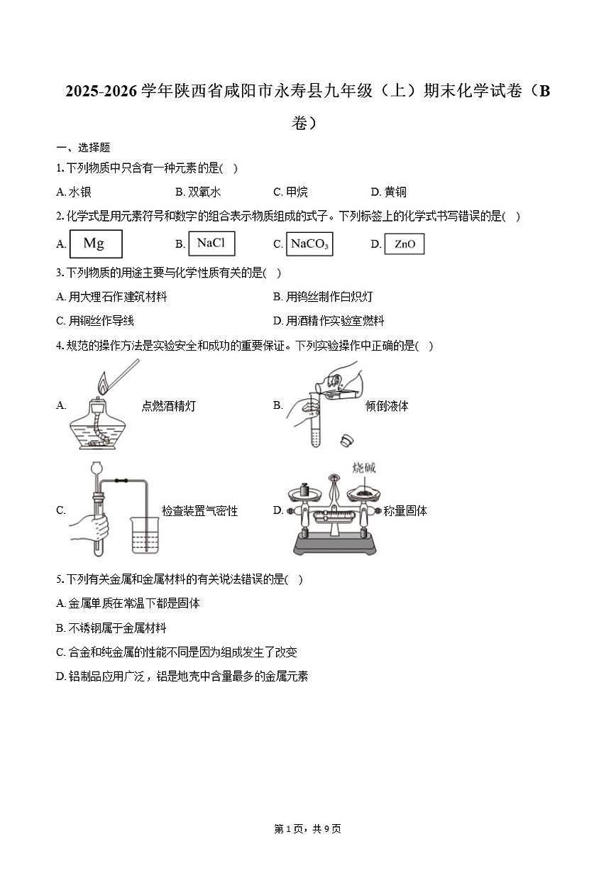 2025-2026学年陕西省咸阳市永寿县九年级（上）期末化学（B卷）试卷（含答案）第1页